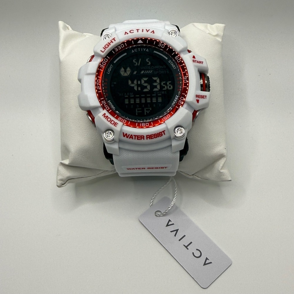 Activa Mens Digital Sports Watch White Red Resin Strap ACW8020-012 New